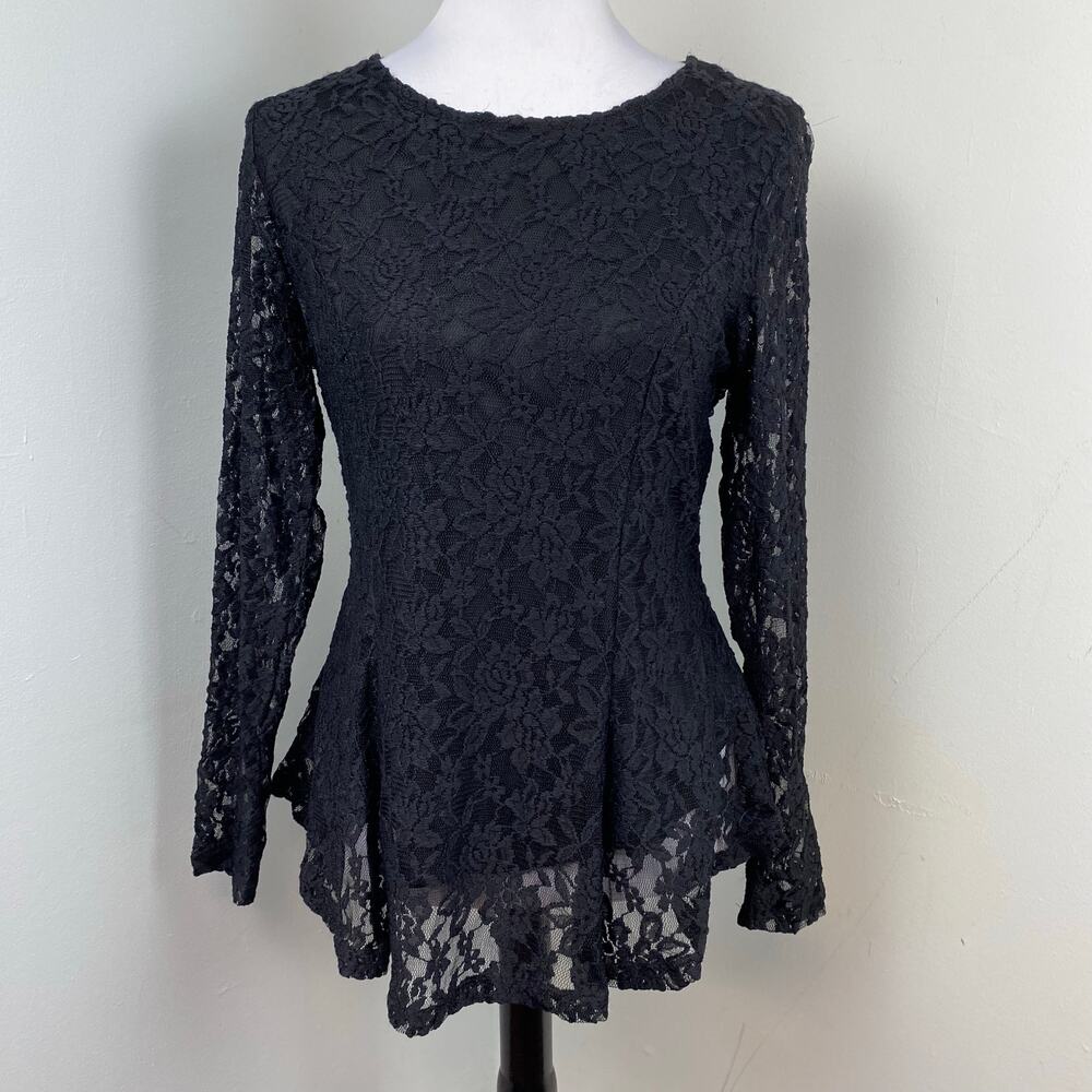 Carmen Marc Valvo Black Lace Long Sleeve Layered Top Medium